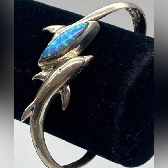 Native American Ted Ott Vintage Sterling Silver Opal Dolphin Cuff - Picture 5 of 12